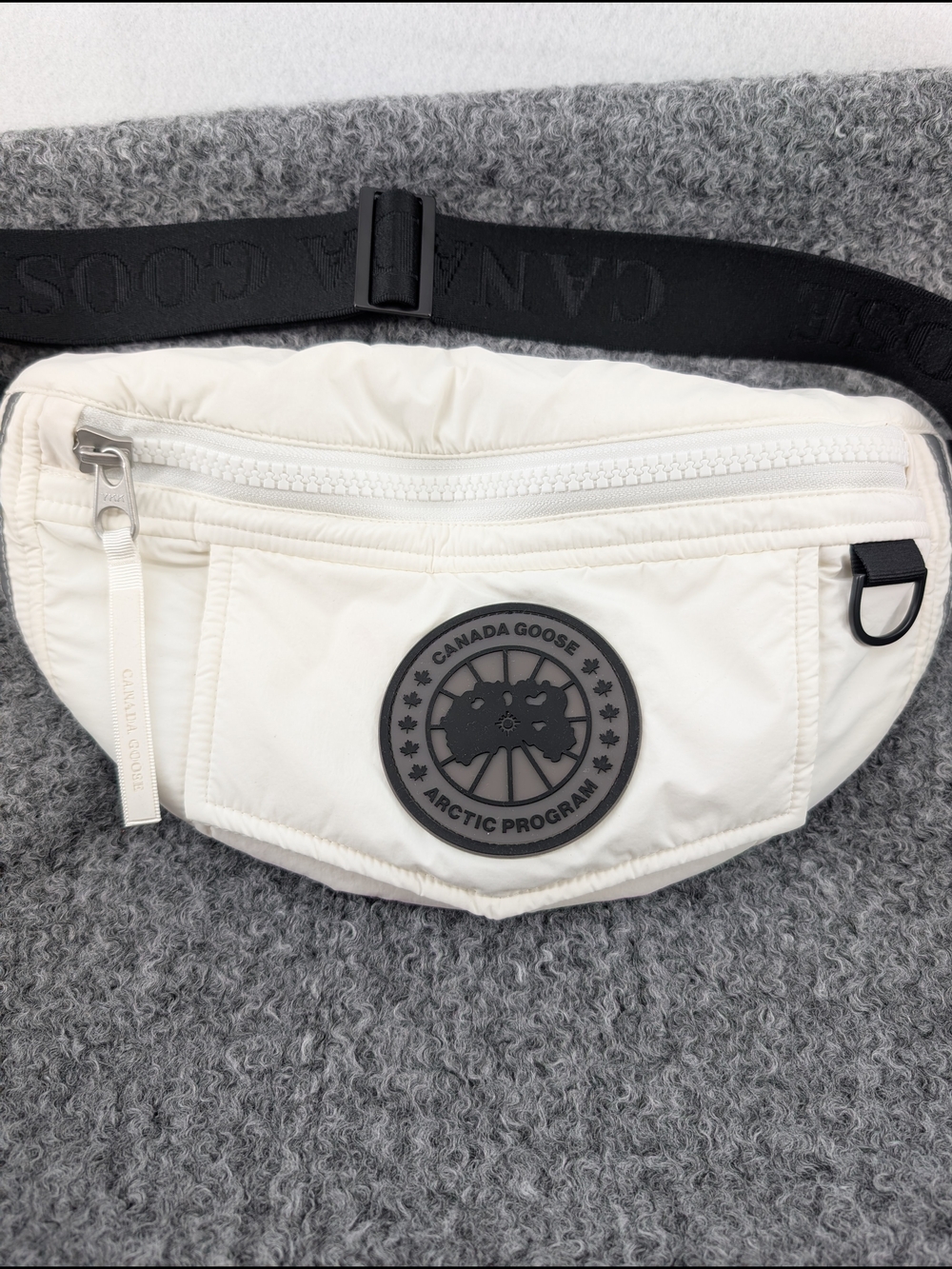 Canada Goose Cream Nylon Belt Bag with Black Logo Emblem